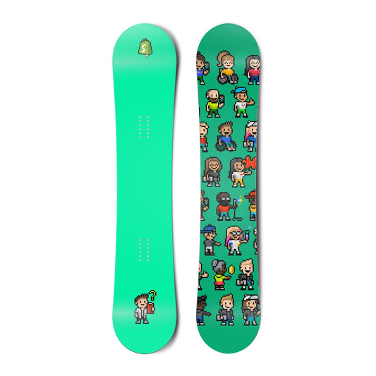 Top and bottom view of a snowboard. The top view shows a pixelated Shopify bag logo and a
        pixelated character reviewing a clipboard with a questioning expression with a bright green-blue background.
        The bottom view is a pattern of many pixel characters with a bright green-blue background.